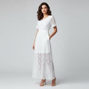 Farm Rio Womens P White Maxi Short Sleeve Lace Open Back  Dress
